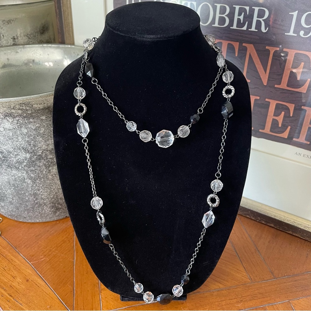 Necklace Double Chain with Bead Accents Clear Black Pewter Whimsygoth